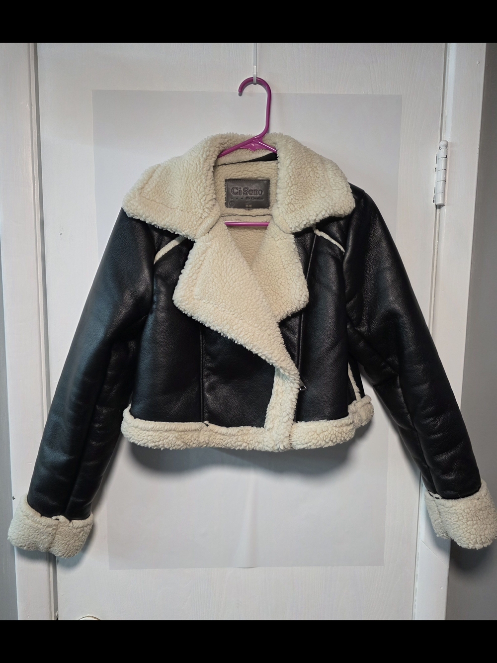 Ci Sono Black Faux Leather Cropped Moto Jacket with Faux Ivory Shearling